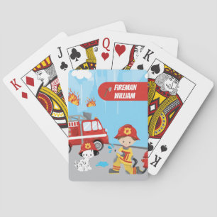 Little Boy's Cartoon Fireman with First Name Playing Cards