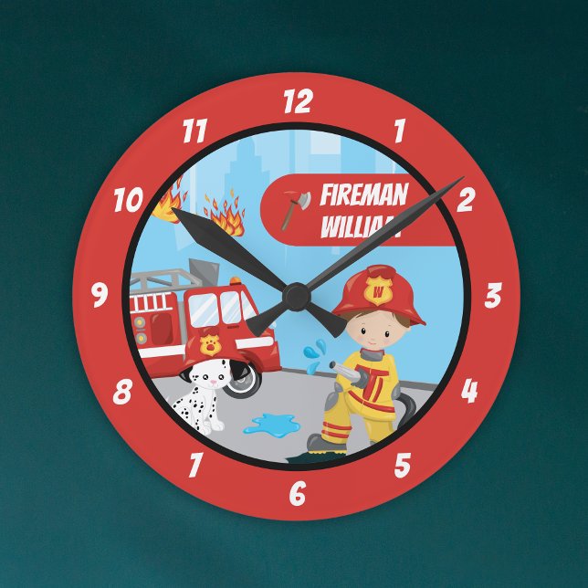 Little Boy's Cartoon Fireman with First Name Red Round Clock (Creator Uploaded)