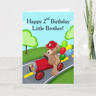 Little Brother 2nd Birthday Teddy Bear Firetruck Card