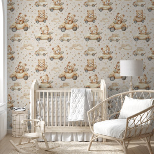 Little Brown Bear Car Baby Nursery Wallpaper