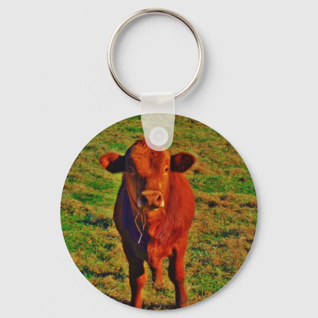 Little Brown Cow Bright Green Grass Key Ring (Front)