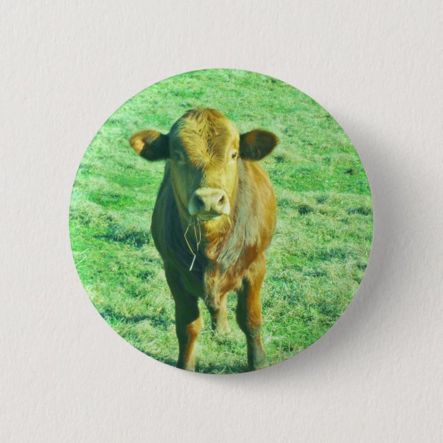 Little Brown Cow in Pastel Green Grass 6 Cm Round Badge (Front)