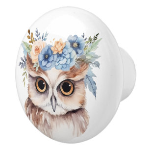 Little Brown Owl With Floral Headpiece Ceramic Knob