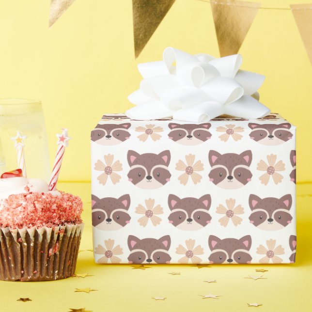 Little Brown Racoon Face On White Wrapping Paper (Birthday Party)