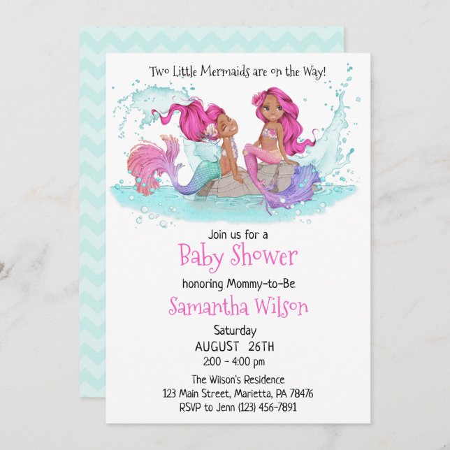 Little Brown Twin Mermaids Watercolor Baby Shower  Invitation (Front/Back)