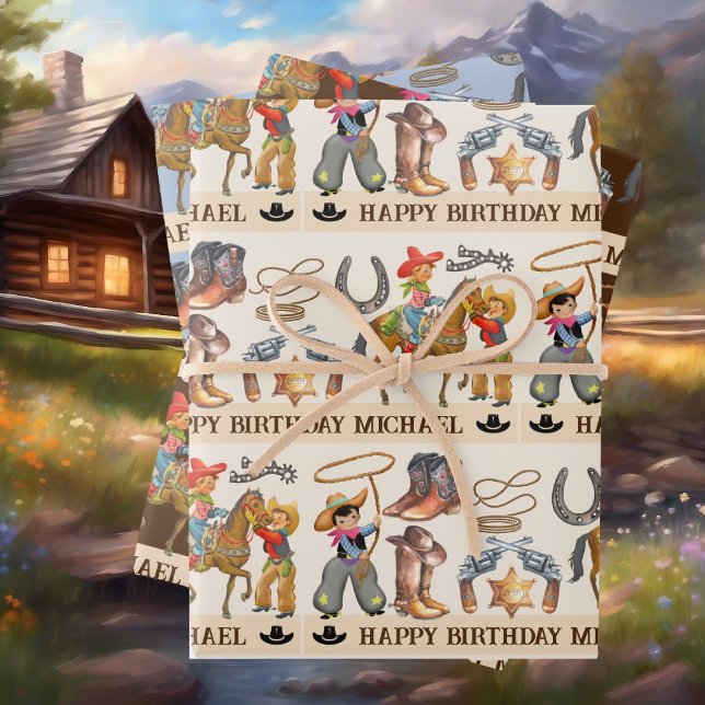 Little Buckaroo Cowboy Add Child's Name 3 Wrapping Paper Sheet (Creator Uploaded)