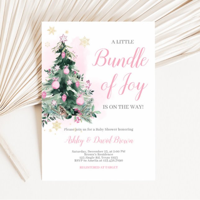 Little Bundle of Joy Christmas Baby Shower Invitation (Pink Christmas Tree Baby Shower Invitation)