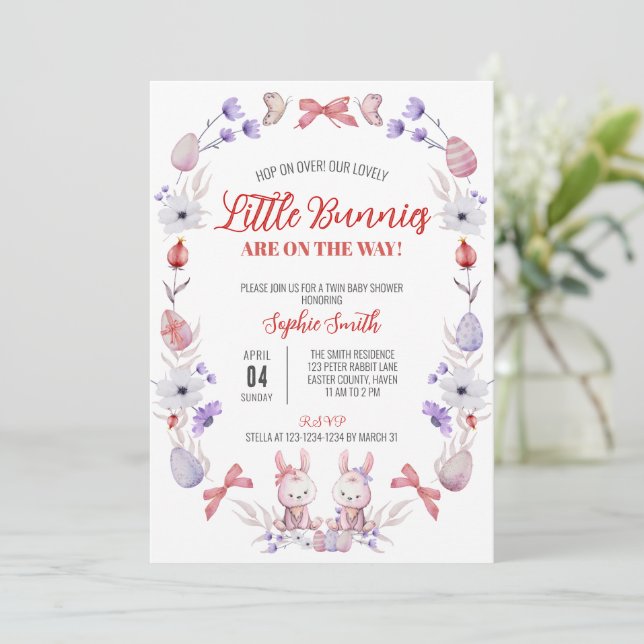 Little Bunnies Baby Shower, Easter Twin Shower Invitation (Standing Front)