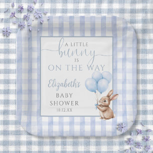 Little Bunny Blue Balloons Boy Baby Shower Paper Plate