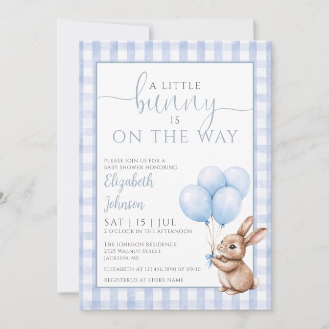Little Bunny Blue Boy Baby Shower All In One Invitation (Front)