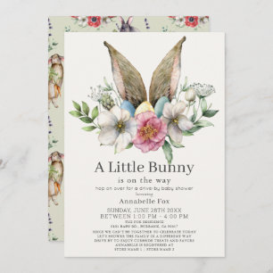 Little Bunny Ear Floral Green Drive-by Baby Shower Invitation