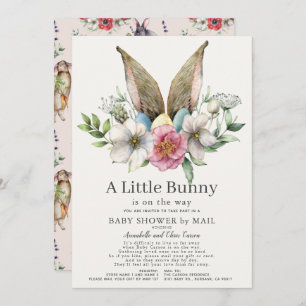 Little Bunny Ear Floral Pink Baby Shower by Mail Invitation