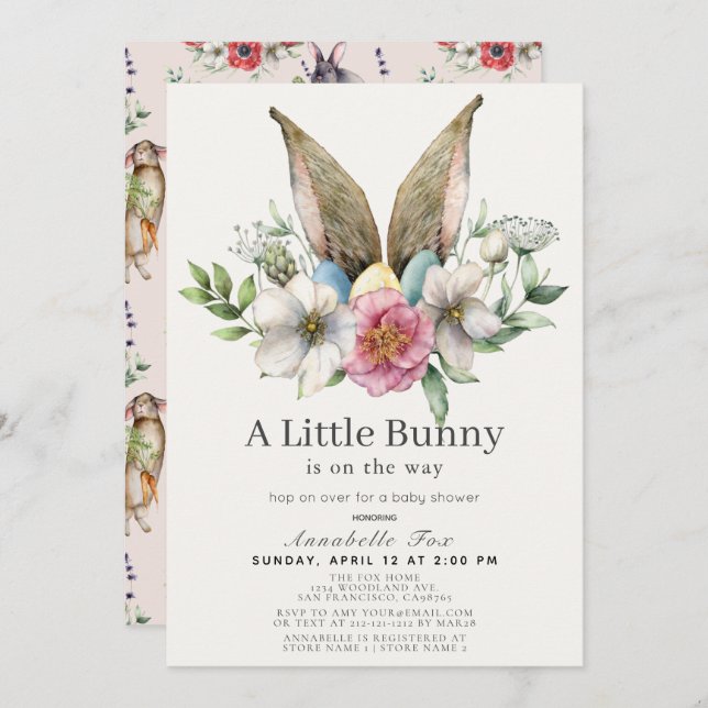 Little Bunny Ear Floral Pink Baby Shower Invitation (Front/Back)