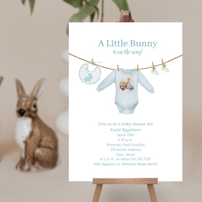 Little Bunny Easter Clothes Blue Boy Baby Shower Invitation (Creator Uploaded)