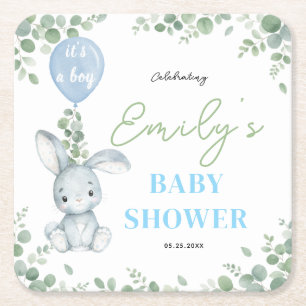 Little Bunny Eucalyptus Watercolor Baby Boy Shower Square Paper Coaster
