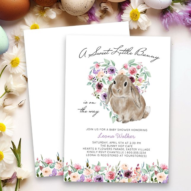 Little Bunny Floral Love Heart Baby Shower Invitation (Sweet Little Bunny Invitation from my Little Bunny & Little Lamb Baby Shower collection)