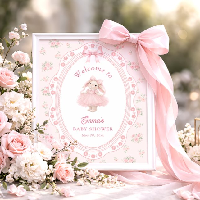 Little Bunny Floral Pink Bow Baby Shower Welcome Poster (Creator Uploaded)
