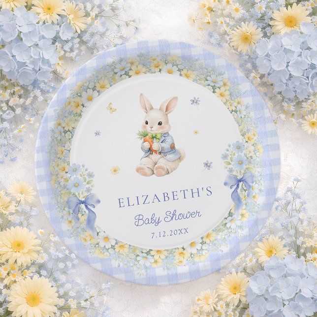 Little Bunny Gingham Boy Baby Shower Paper Plate (Creator Uploaded)