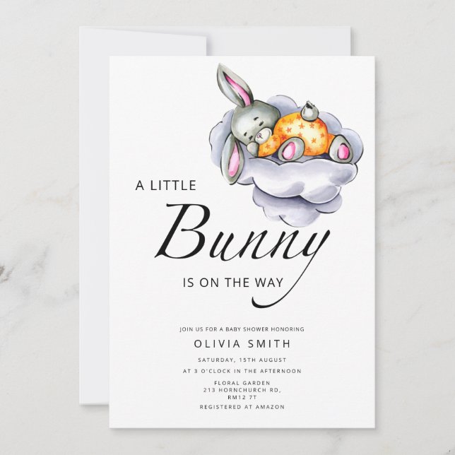 Little bunny is on the way baby shower invitation (Front)