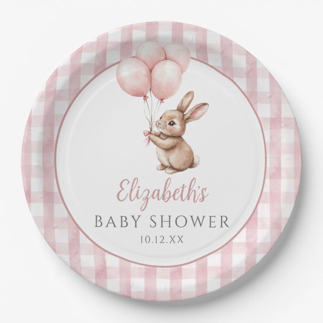 Little Bunny Pink Balloons Girl Baby Shower Paper Plate (Front)
