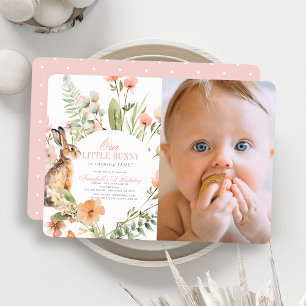 Little Bunny Pink Floral Girl 1st Birthday Photo Invitation
