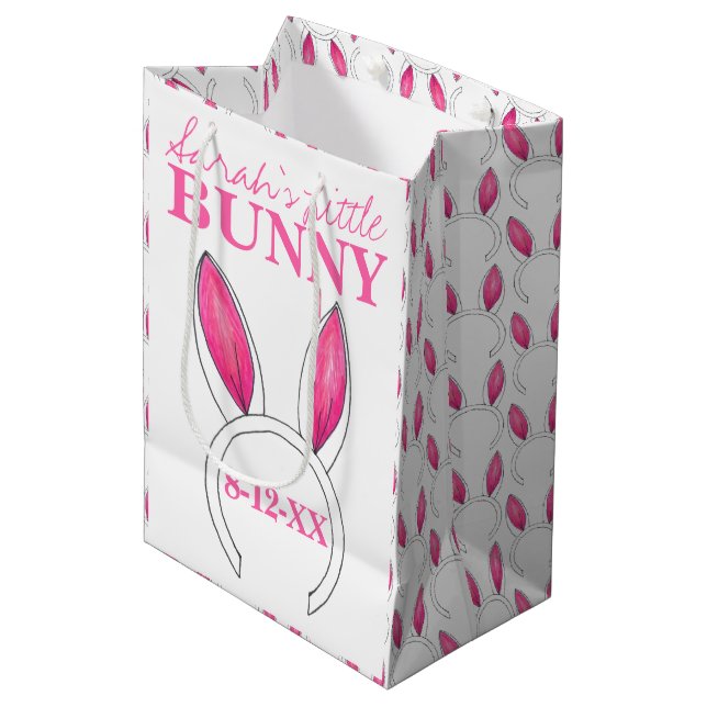 Little Bunny Pink Rabbit Ears New Baby Shower Medium Gift Bag (Front Angled)