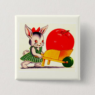 little bunny pushing cart with great big apple 15 cm square badge