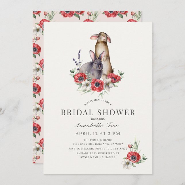 Little Bunny Red Anemone Floral Bridal Shower Invitation (Front/Back)