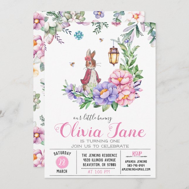 Little Bunny Spring Birthday Invitation (Front/Back)