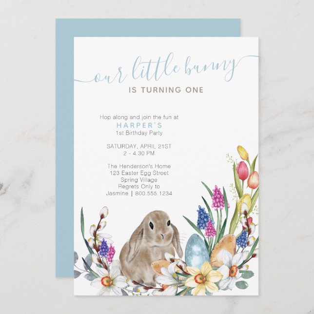 Little Bunny Spring Flower and Rabbit 1st Birthday Invitation (Front/Back)