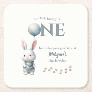 Little Bunny Turning One Blue Boys 1st Birthday Square Paper Coaster