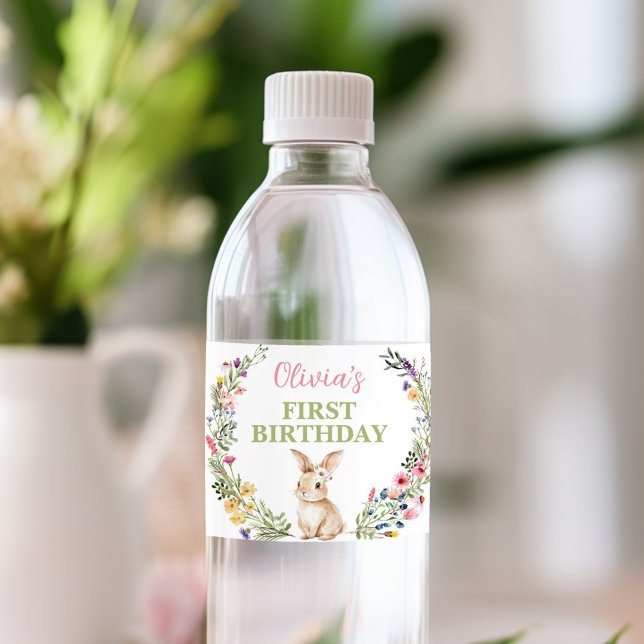 Little Bunny Wildflower Birthday Party Water Bottle Label (Creator Uploaded)