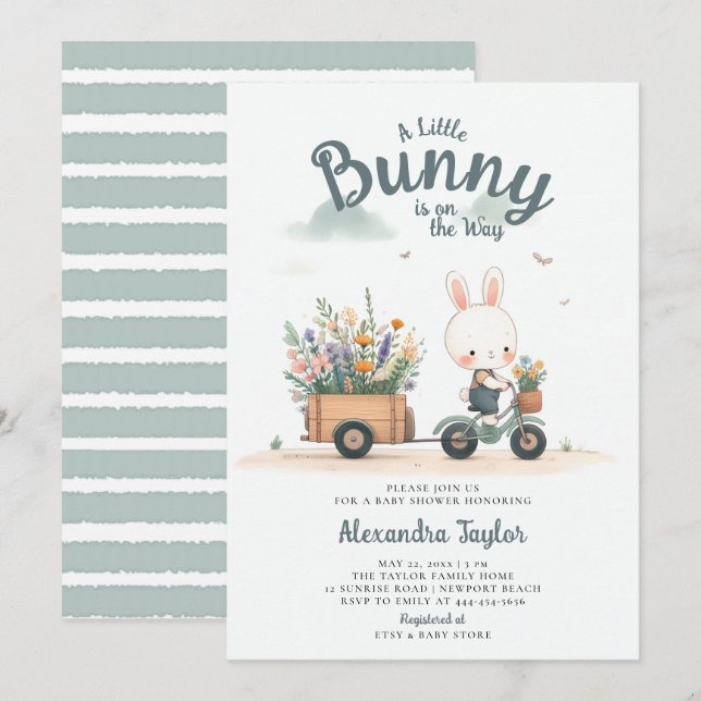 Little Bunny Wildflower Wagon Blue Baby Boy Shower Invitation (Front/Back)