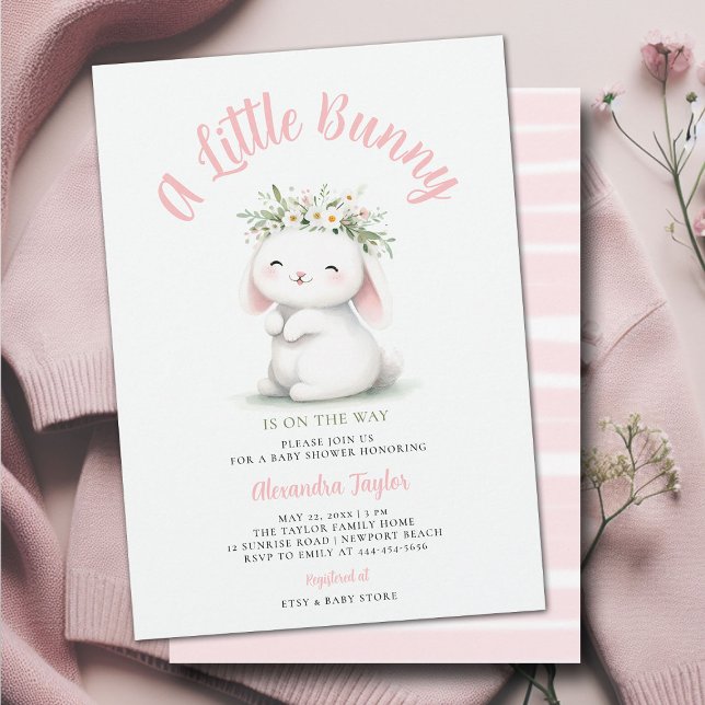 Little Bunny Wildflowers Wreath Baby Girl Shower Invitation (a little bunny baby girl shower invitation springtime easter garden picnic wildflowers calligraphy )