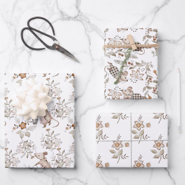 Little Busy Brown Mice Baby Wrapping Paper Sheet (Front)