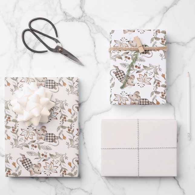 Little Busy Brown Mice Baby Wrapping Paper Sheet (Front)