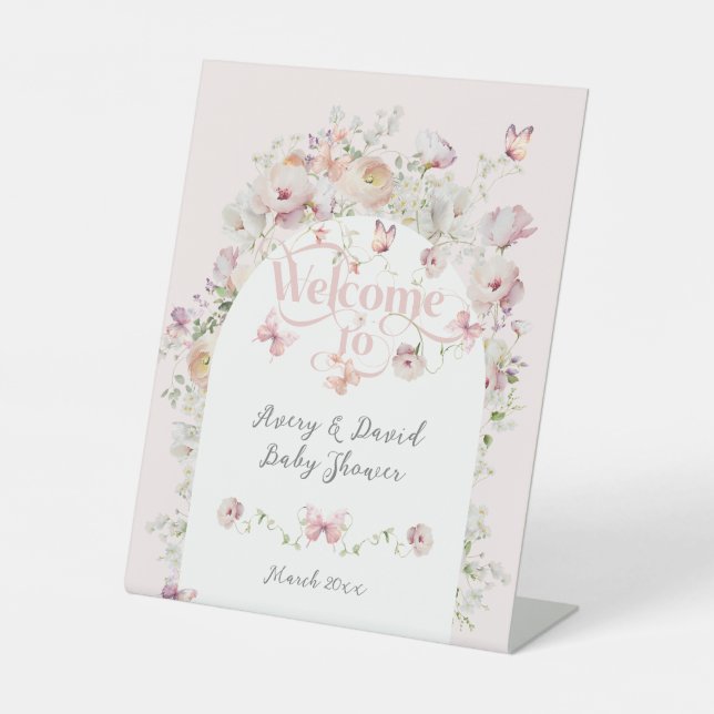 Little Buterfly Blush Pink Floral Girl Baby Shower Pedestal Sign (Front)