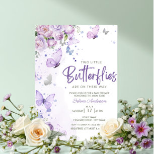 Little Butterflies Purple Floral Twins Baby Shower Invitation