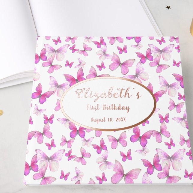 Little Butterfly 1st Birthday Pink Girl Rose Gold Guest Book (Creator Uploaded)