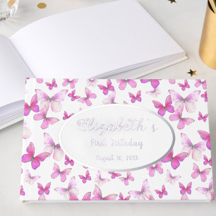 Little Butterfly 1st Birthday Pink Girl Silver Guest Book