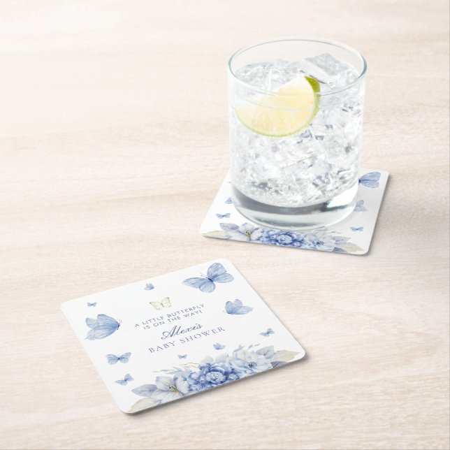 Little Butterfly Boy Baby Shower Square Paper Coaster (Insitu)