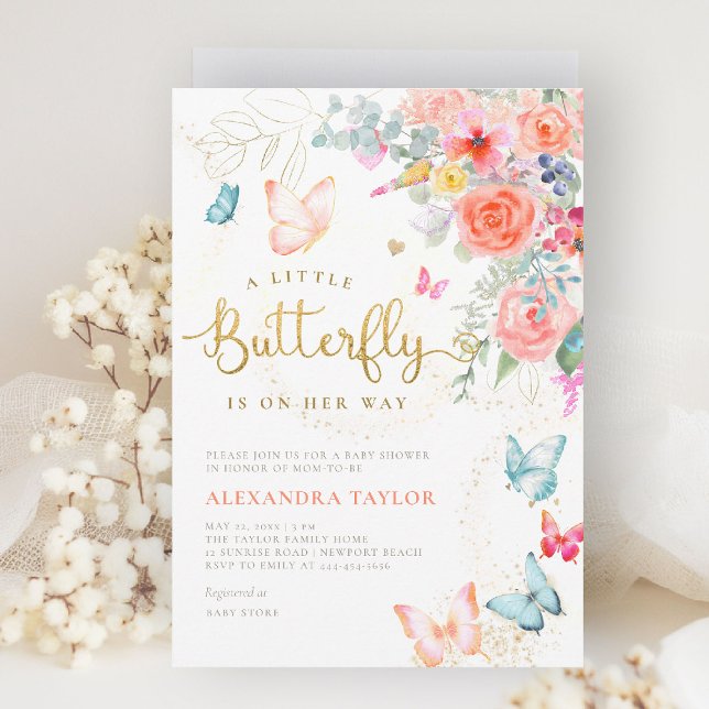 Little Butterfly Bright Floral Baby Girl Shower Invitation (little butterfly baby shower invitation bright colorful garden peach pink orange teal blue gold)