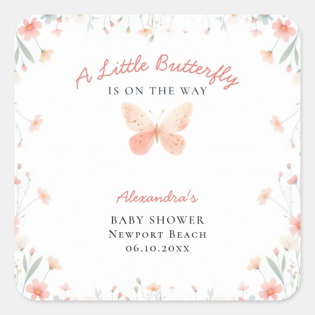 Little Butterfly Coral Teal Cute Girl Baby Shower Square Sticker (Front)