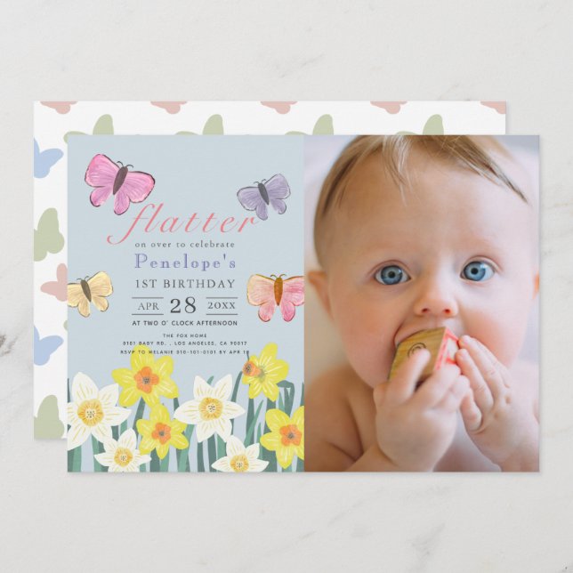 Little Butterfly Daffodil Girl 1st Birthday Photo Invitation (Front/Back)