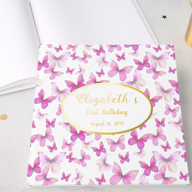 Little Butterfly First Birthday Pink Girl Gold Guest Book (Creator Uploaded)