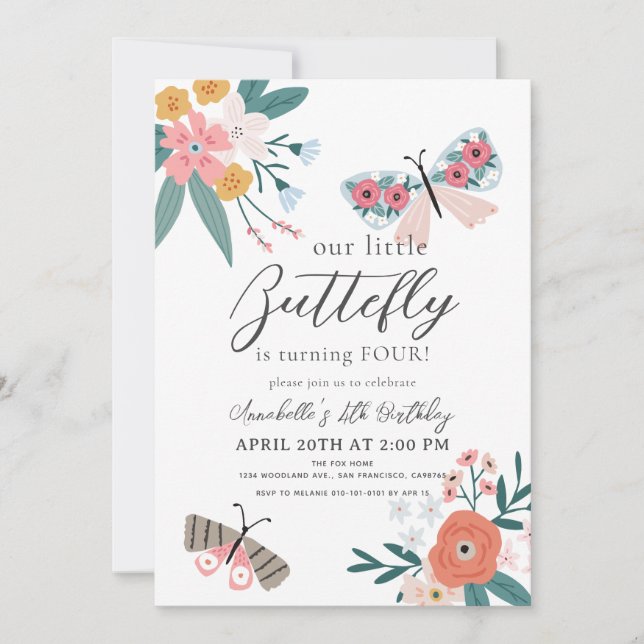 Little Butterfly Floral Girl Birthday Invitation (Front)