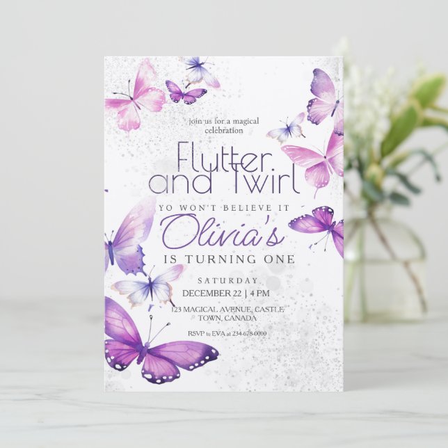 Little Butterfly Girl 1st Birthday Party  Invitation (Standing Front)