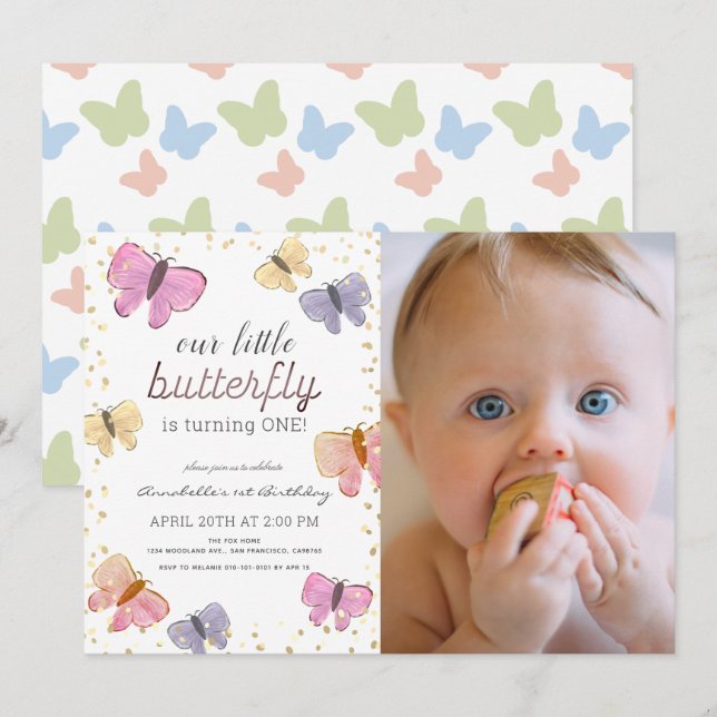 Little Butterfly Girl 1st Birthday Photo Invitation (Front/Back)