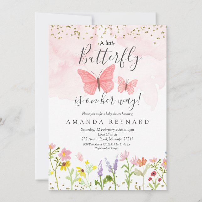 Little butterfly girl baby shower invitation (Front)