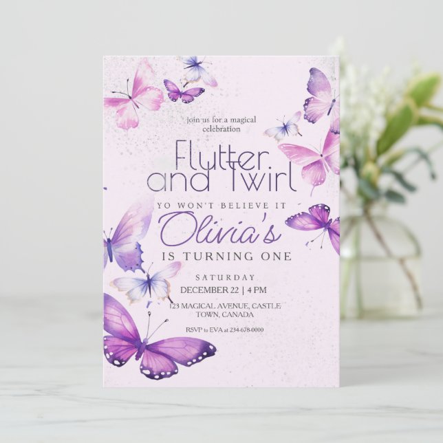 Little Butterfly Girls Pink 1st Birthday Party  Invitation (Standing Front)